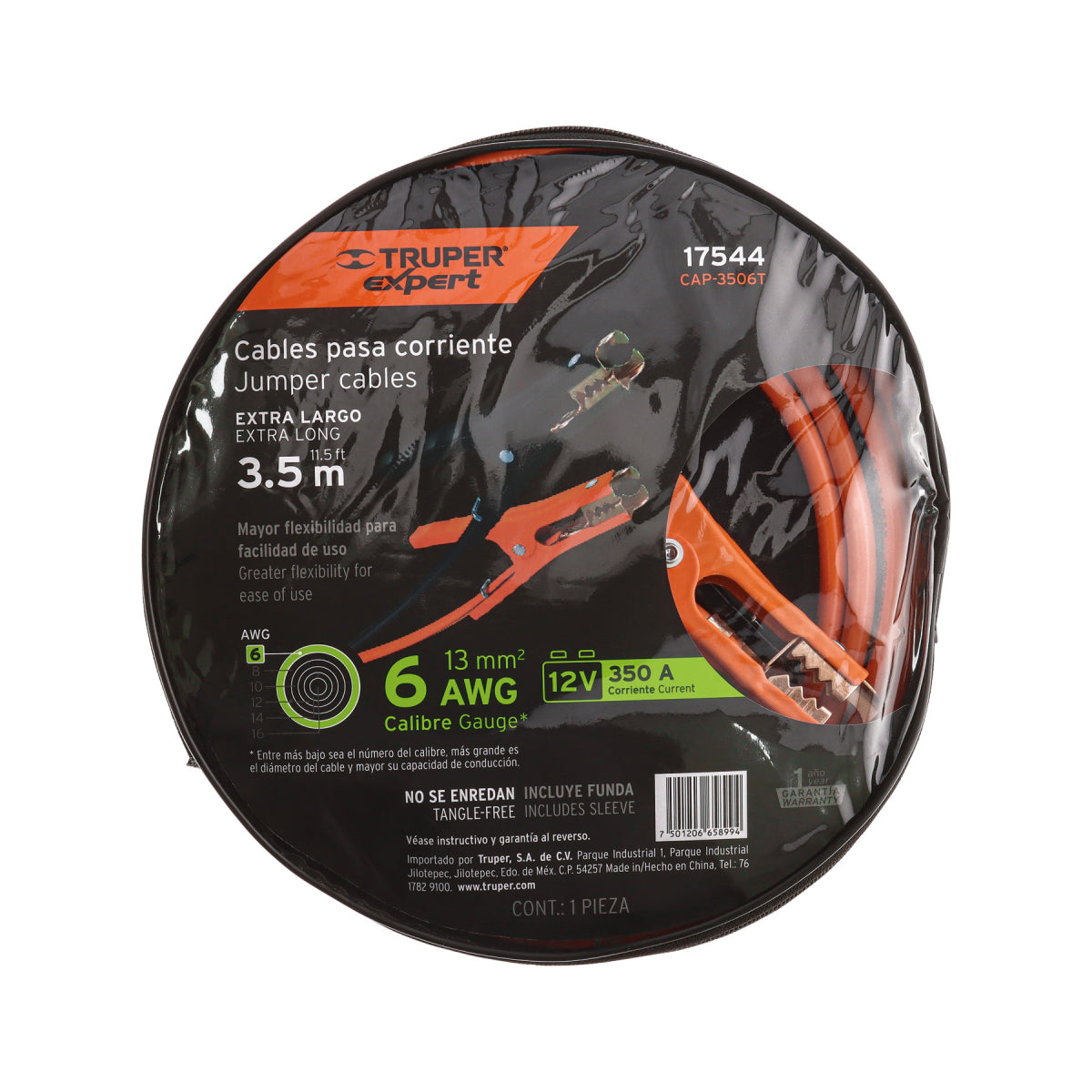 Cables pasa corriente 3.5 m, 350 A, 6 AWG, con funda, Truper