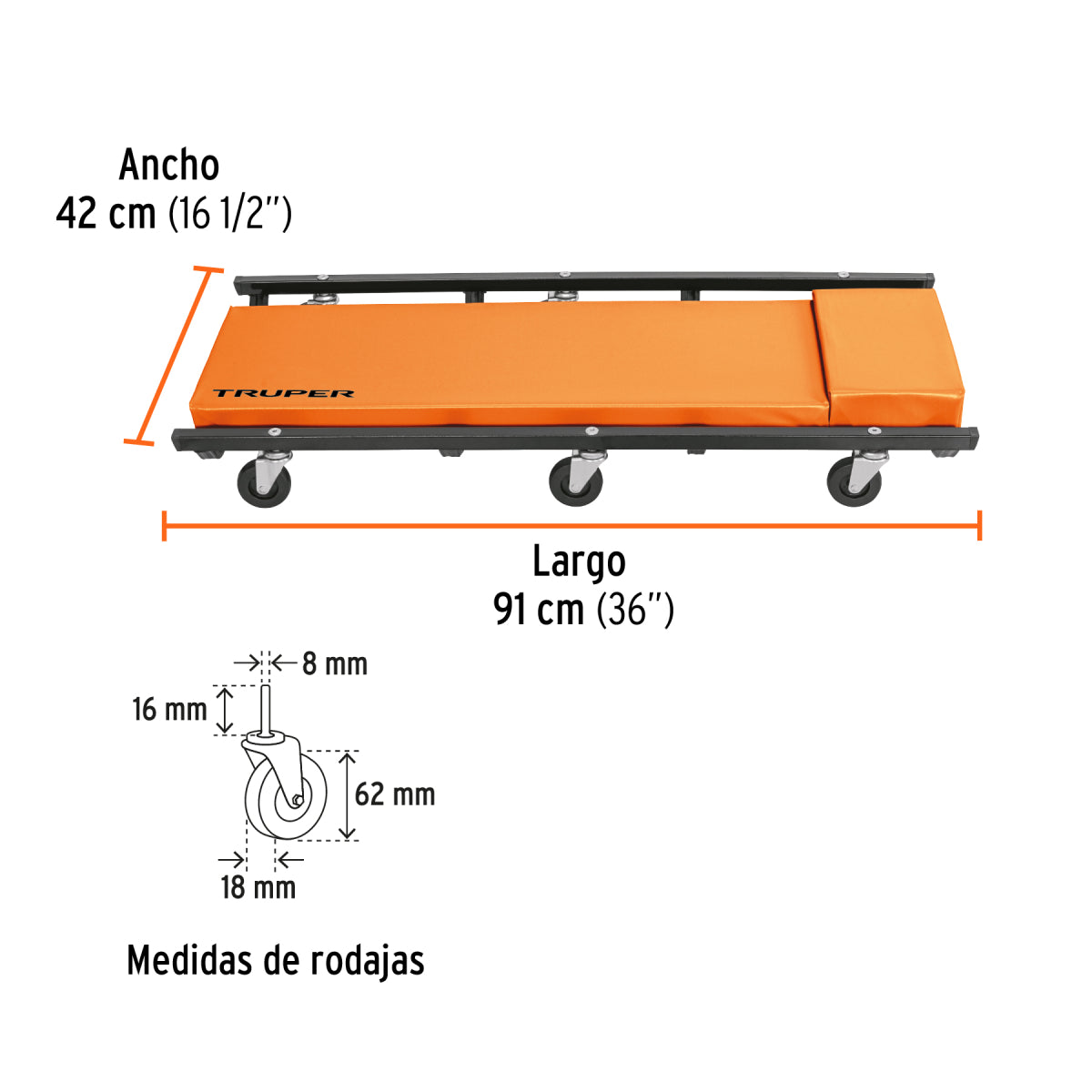 Cama de acero 36 para mecánico, Truper