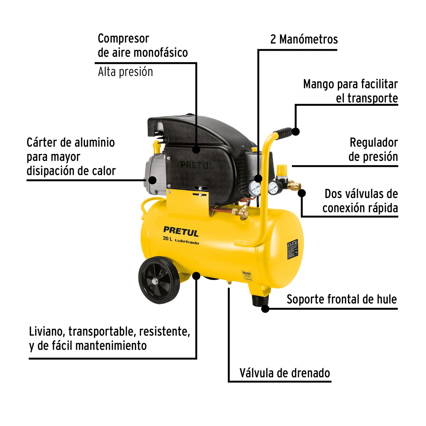 Compresor lubricado de aire, 20 L, 220 V60 Hz, Pretul