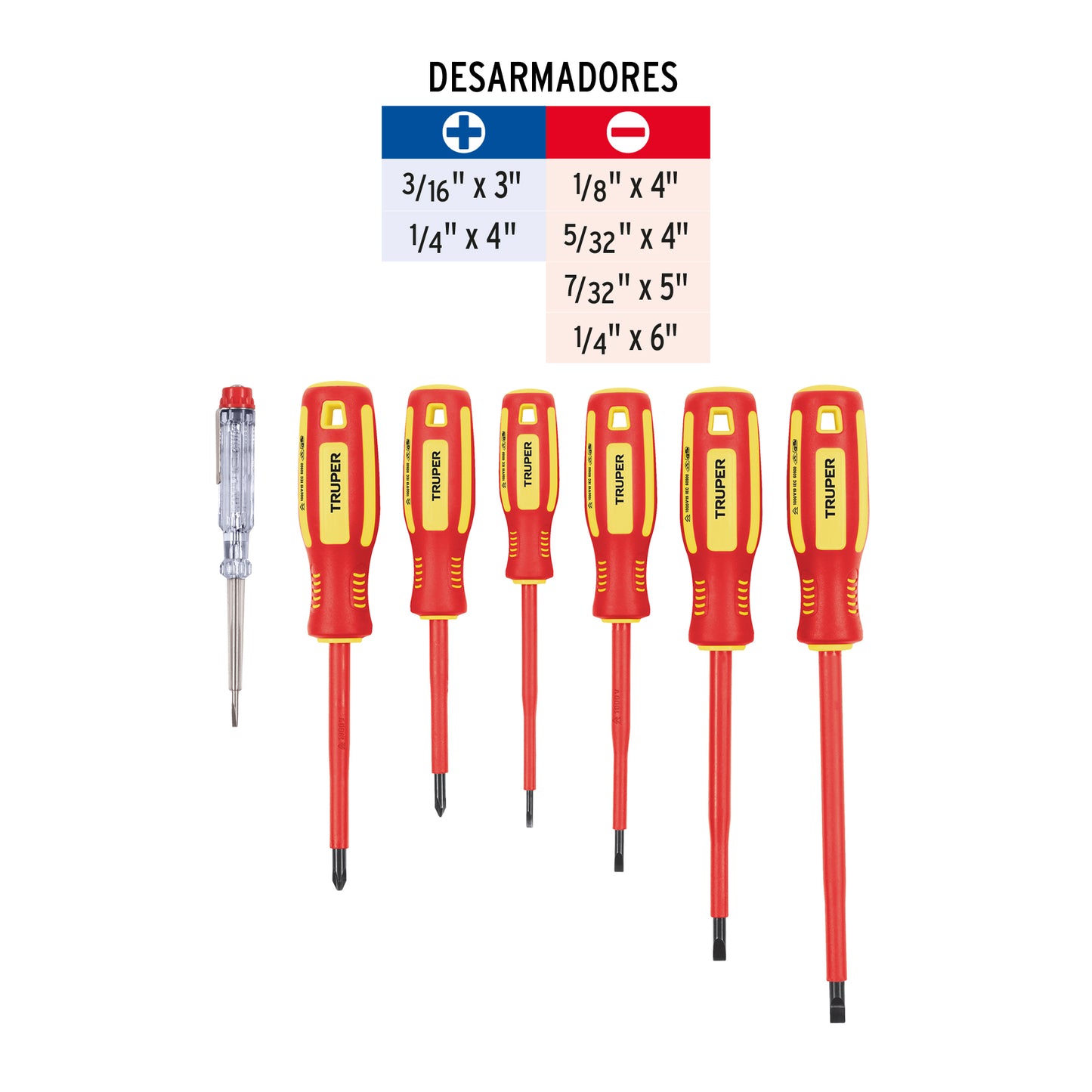 Juego 6 desarmadores dieléctricos y 1 probador de corriente, Truper