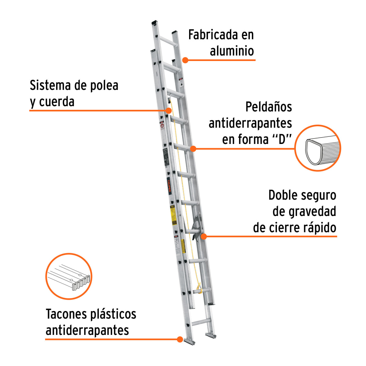 Escalera de extensión, tipo III, 20 peldaños, Truper