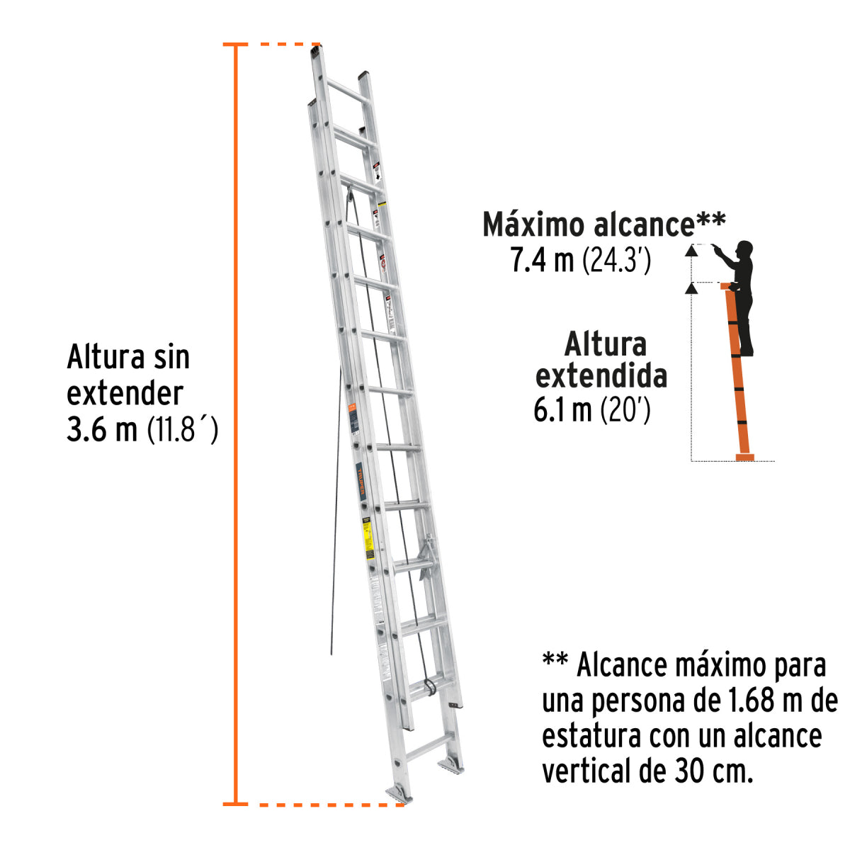 Escalera de extensión, tipo III, 24 peldaños, Truper