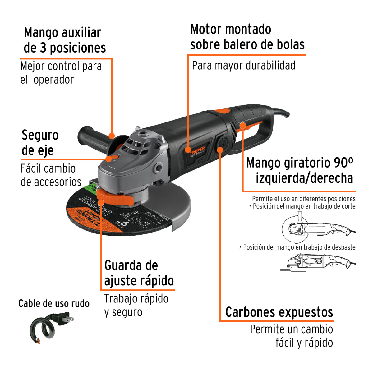 Esmeriladora angular 9", industrial, 220 V, 2000 W, Truper