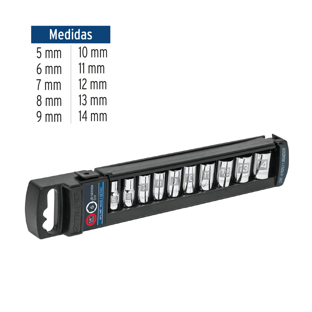 Juego de 10 dados cuadro 1/4" mm, Truper