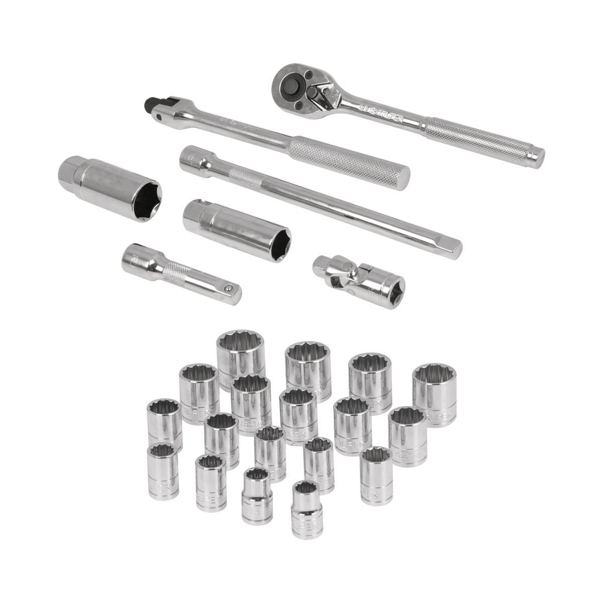 Juego de 25 herramientas cuadro 3/8" std y mm para mecánico, Truper