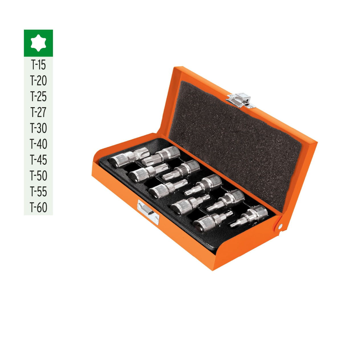 Juego de 10 dados cuadro 3/8" punta torx, estuche metálico, Truper