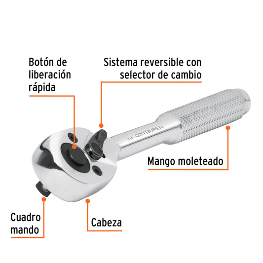 Matraca cuadro 1/4" cabeza de pera de liberación rápida, Truper