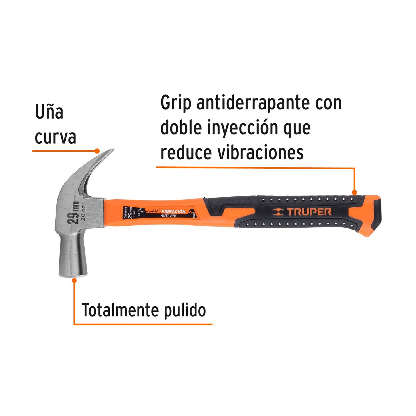 Martillo cabeza cónica 29 mm uña curva, mango fibra vidrio, Truper