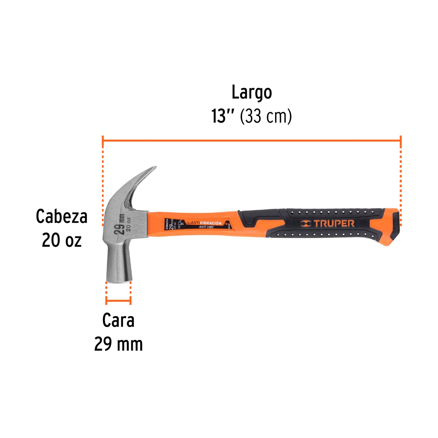Martillo cabeza cónica 29 mm uña curva, mango fibra vidrio, Truper