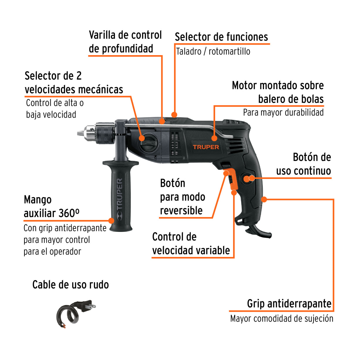 Rotomartillo / taladro percutor 1/2" industrial, 900 W, 220 V, Truper