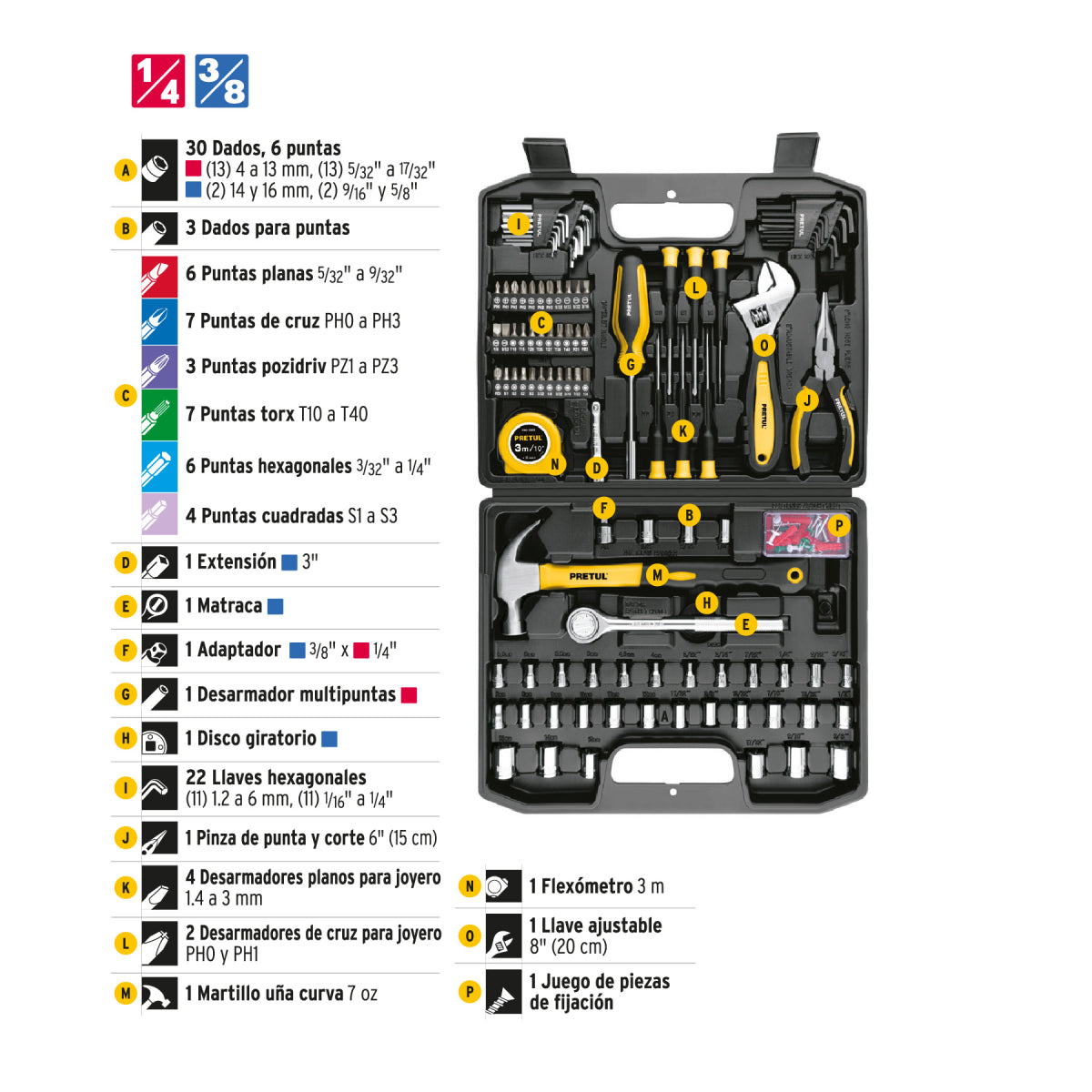 Juego de 104 dados y herramientas, 1/4 y 3/8 Pretul