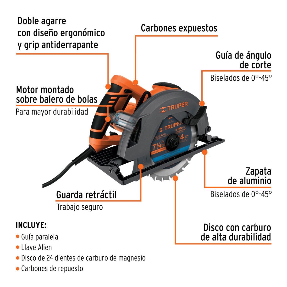 Sierra circular, 7-1/4", profesional, 220 V, 1500 W, Truper