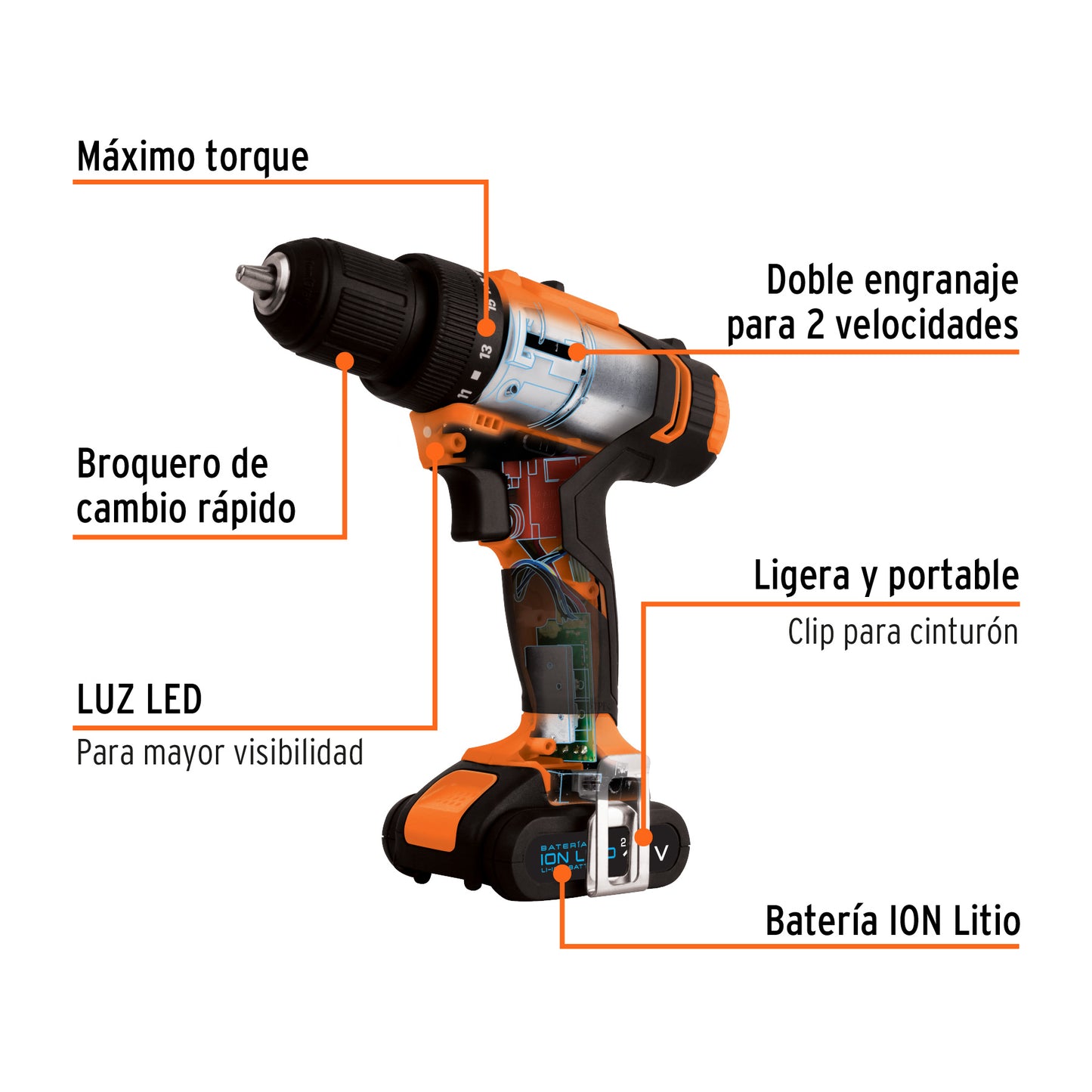 Taladro inalámbrico, batería ión Litio 12 V, 38, (220 V), Truper