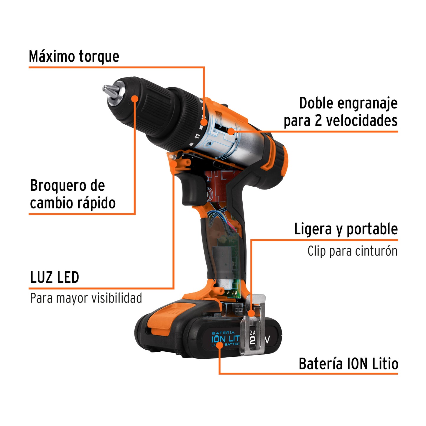 Taladro inalámbrico, batería ion Litio 20 V, 1/2", (220 V)