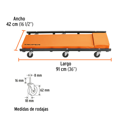 Cama de acero 36 para mecánico, Truper