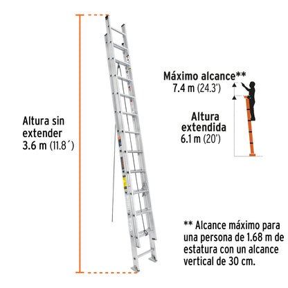 Escalera de extensión, tipo III, 24 peldaños, Truper