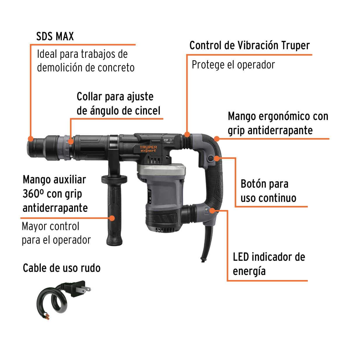 Martillo demoledor SDS Max 6kg 14J, 1200W, 220V, Truper Expert