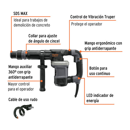 Martillo demoledor SDS Max 6kg 14J, 1200W, 220V, Truper Expert