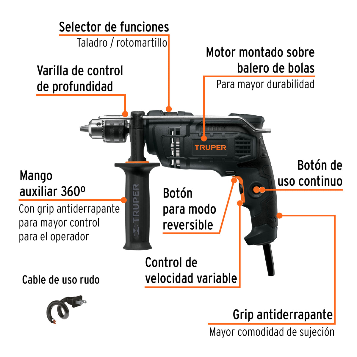 Rotomartillo taladro 1/2" industrial, 650 W, 220 V, Truper