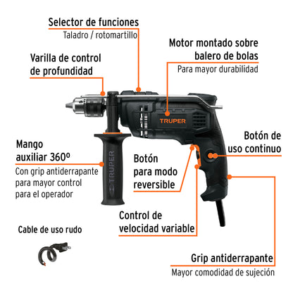 Rotomartillo taladro 1/2" industrial, 650 W, 220 V, Truper
