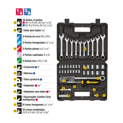 Juego de 70 herramientas 1/4" y 3/8" para mecánico, Pretul