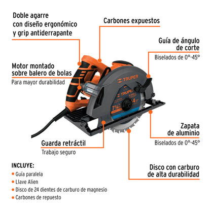 Sierra circular, 7-1/4", profesional, 220 V, 1500 W, Truper